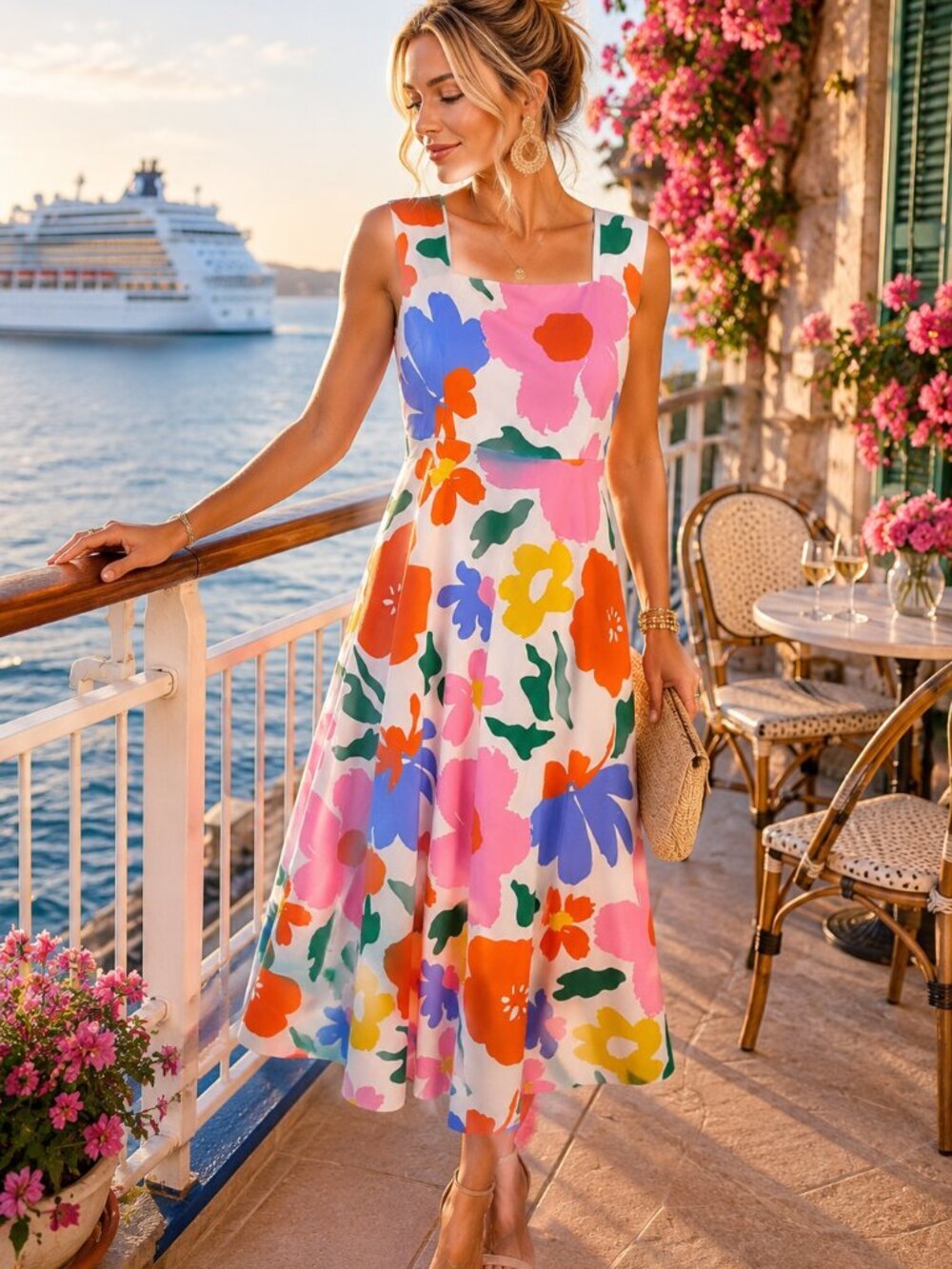 SHEIN Floral Maxi Dress L | Colorful Tropical Print Sleeveless Summer Cruise Res